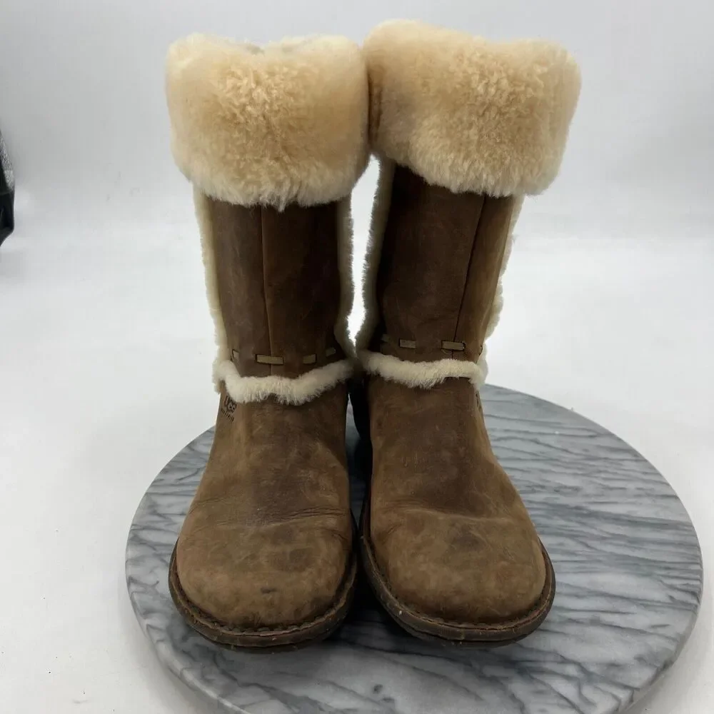 UGG Womens‎ 9 Boots Elijo Brown Leather Cuff Lined Sheepskin Faux Fur Shearling